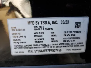 2023 Tesla Model S with VIN 5YJSA1E57PF507456, listed as a Copart auction lot 44649945 with 8,760 mi miles and Salvage title. Bid and sale history available at DreamBid. Image 14.