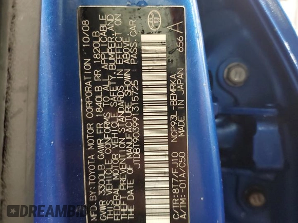 2009 Toyota Yaris with VIN JTDBT903991315725, listed as a Copart auction lot 52566735 with 177,044 mi miles and Salvage Title. Bid and sale history available at DreamBid. Image 13.