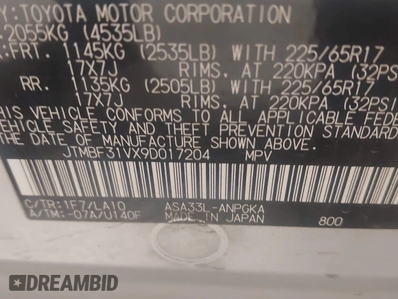 2009 Toyota RAV4 Ltd with VIN JTMBF31VX9D017204, listed as a IAAI auction lot 41630093 with 210,590 mi miles. Bid and sale history available at carsss.com. Image 9.