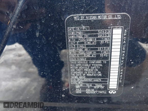 2019 Infiniti QX50 Luxe with VIN 3PCAJ5M39KF144475, listed as a IAAI auction lot 41653905 with 58,436 mi miles and . Bid and sale history available at DreamBid. Image 9.