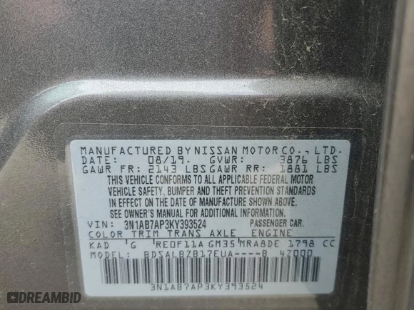 2019 Nissan Sentra S with VIN 3N1AB7AP3KY393524, listed as a Copart auction lot 45225115 with 88,763 mi miles and Salvage Title. Bid and sale history available at carsss.com. Image 13.