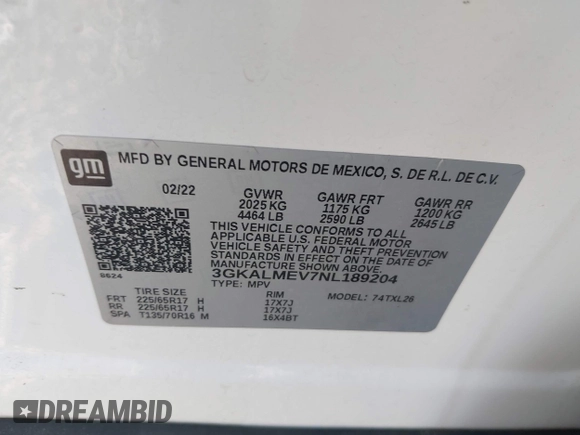 2022 GMC Terrain SLE with VIN 3GKALMEV7NL189204, listed as a IAAI auction lot 42399028 with 48,342 mi miles and . Bid and sale history available at DreamBid. Image 9.