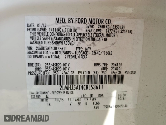 2012 Lincoln MKT EcoBoost with VIN 2LMHJ5AT4CBL53611, listed as a Copart auction lot 46493425 with 77,072 mi miles and Salvage Title. Bid and sale history available at DreamBid. Image 14.