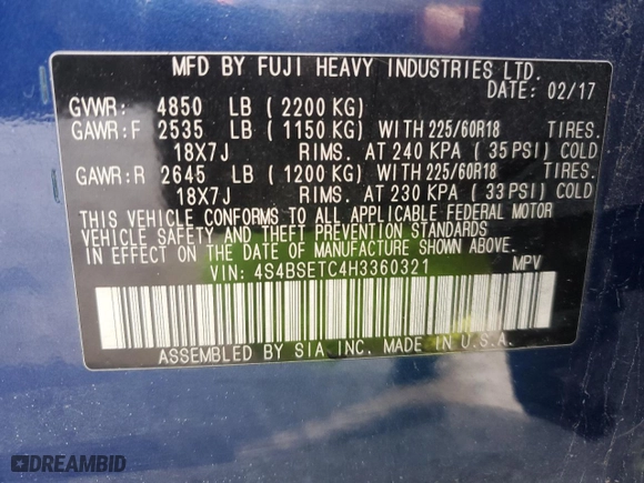 2017 Subaru Outback Touring with VIN 4S4BSETC4H3360321, listed as a Copart auction lot 85980304 with 61,796 mi miles and Salvage Title. Bid and sale history available at carsss.com. Image 13.