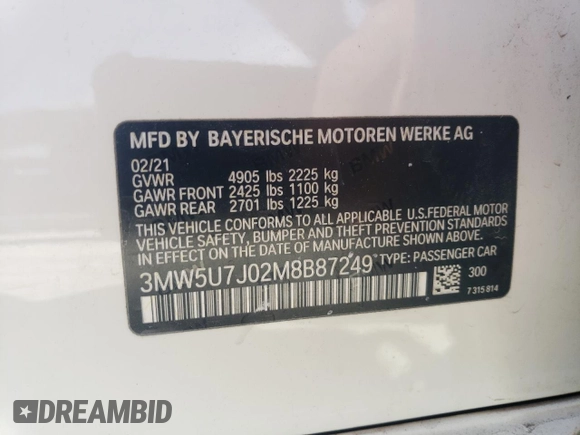2021 BMW 3 Series M340i with VIN 3MW5U7J02M8B87249, listed as a Copart auction lot 43606975 with 43,373 mi miles and Salvage Title. Bid and sale history available at carsss.com. Image 12.