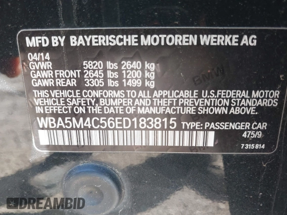 2014 BMW 5 Series GT 535i Gran Turismo xDrive with VIN WBA5M4C56ED183815, listed as a IAAI auction lot 42155348 with 150,357 mi miles and . Bid and sale history available at carsss.com. Image 9.