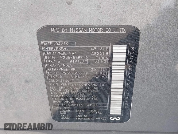 2019 Infiniti QX50 Essential с VIN 3PCAJ5M16KF138258, выставлен на аукционе IAAI как лот 42335527 с пробегом 69 488 миль миль и . История ставок и продаж доступна на DreamBid. Изображение 9.