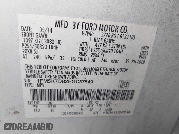 2014 Ford Explorer XLT z VIN 1FM5K7D82EGC57549, wystawiony jako IAAI lot #42351554 z przebiegiem 157 473 mil mil oraz . Historia ofert i sprzedaży dostępna na DreamBid. Obrazek 9.