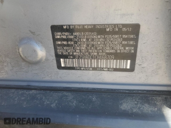 2012 Subaru Forester X Premium with VIN JF2SHADC1CH468709, listed as a Copart auction lot 55295225 with 160,425 mi miles and Clean Title. Bid and sale history available at DreamBid. Image 12.