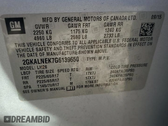 2016 GMC Terrain SLE with VIN 2GKALNEK7G6139650, listed as a Copart auction lot 50087565 with 170,145 mi miles and Clean Title. Bid and sale history available at carsss.com. Image 13.