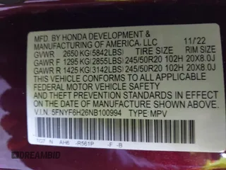 2022 Honda Pilot Special Edition with VIN 5FNYF6H26NB100994, listed as a IAAI auction lot 41819627 with 46,648 mi miles. Bid and sale history available at carsss.com. Image 9.
