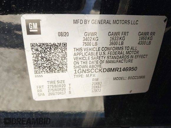 2021 Chevrolet Suburban LT z VIN 1GNSCCKD8MR146950, wystawiony jako IAAI lot #41616059 z przebiegiem 155 060 mil mil oraz . Historia ofert i sprzedaży dostępna na DreamBid. Obrazek 9.
