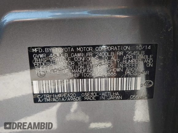 2015 Lexus IS 250 with VIN JTHBF1D25F5059886, listed as a IAAI auction lot 42527234 with 118,584 mi miles and . Bid and sale history available at DreamBid. Image 9.