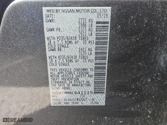 2019 Nissan Pathfinder SV with VIN 5N1DR2MM4KC641519, listed as a Copart auction lot 51615635 with 144,606 mi miles and Clean Title. Bid and sale history available at carsss.com. Image 12.