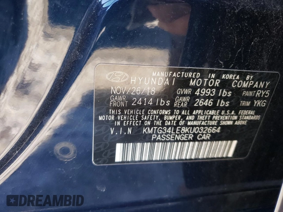 2019 Genesis G70 Dynamic with VIN KMTG34LE8KU032664, listed as a Copart auction lot 89106065 with 27,659 mi miles and Salvage Title. Bid and sale history available at DreamBid. Image 12.