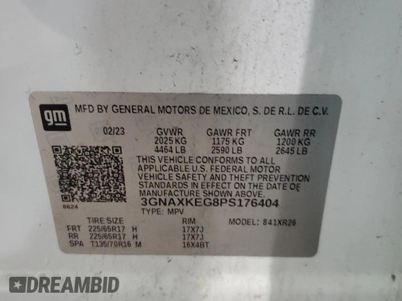2023 Chevrolet Equinox LT z VIN 3GNAXKEG8PS176404, wystawiony jako Copart lot #53684645 z przebiegiem 112 986 mil mil oraz Szkoda całkowita • Salvage title. Historia ofert i sprzedaży dostępna na DreamBid. Obrazek 12.