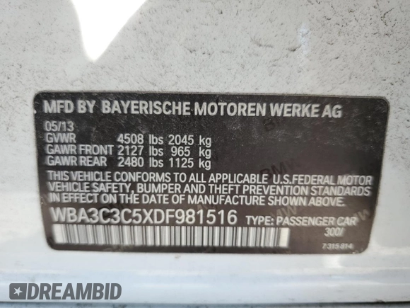2013 BMW 3 Series 320i xDrive with VIN WBA3C3C5XDF981516, listed as a Copart auction lot 70214014 with 104,977 mi miles and Non repairable. Bid and sale history available at DreamBid. Image 12.