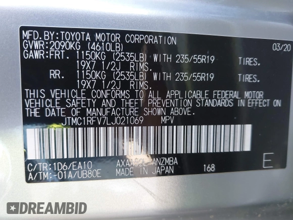 2020 Toyota RAV4 XLE Premium with VIN JTMC1RFV7LJ021069, listed as a IAAI auction lot 41701623 with 25,459 mi miles. Bid and sale history available at carsss.com. Image 9.