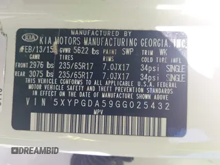 2016 Kia Sorento LX z VIN 5XYPGDA59GG025432, wystawiony jako IAAI lot #42064630 z przebiegiem 170 591 mil mil oraz . Historia ofert i sprzedaży dostępna na DreamBid. Obrazek 9.