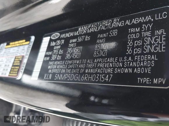 2024 Hyundai Santa Fe Calligraphy with VIN 5NMP5DGL6RH031547, listed as a IAAI auction lot 42562910 with 10,998 mi miles and . Bid and sale history available at DreamBid. Image 9.