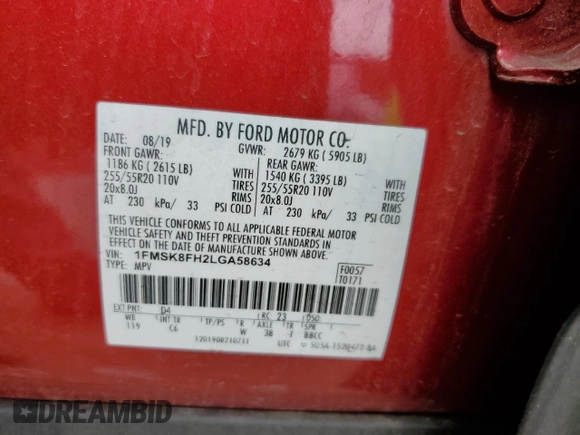 2020 Ford Explorer Limited with VIN 1FMSK8FH2LGA58634, listed as a Copart auction lot 56283655 with 84,027 mi miles and Salvage title. Bid and sale history available at DreamBid. Image 13.
