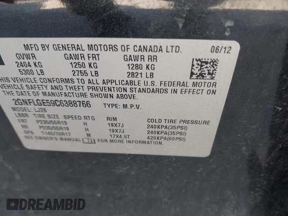2012 Chevrolet Equinox LTZ with VIN 2GNFLGE59C6388766, listed as a IAAI auction lot 41781068 with 167,190 mi miles. Bid and sale history available at carsss.com. Image 9.