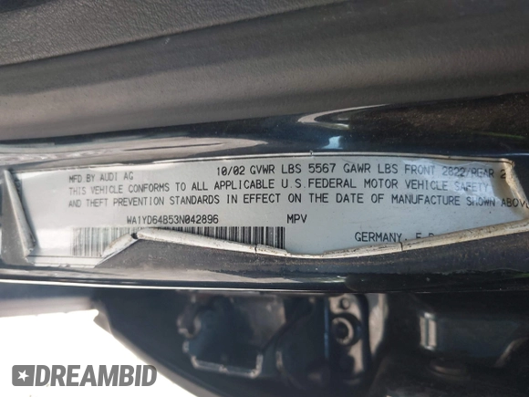 2003 Audi allroad A6 V8 with VIN WA1YD64B53N042896, listed as a IAAI auction lot 42140869 with 139,980 mi miles and . Bid and sale history available at DreamBid. Image 9.