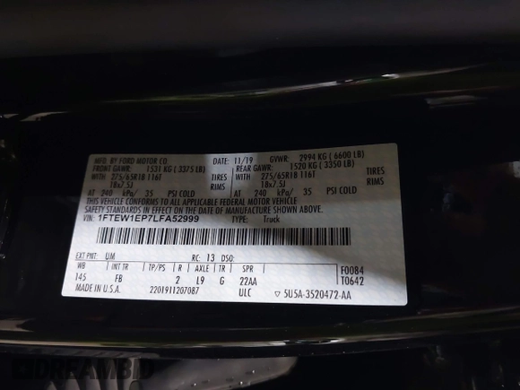 2020 Ford F-150 XL with VIN 1FTEW1EP7LFA52999, listed as a IAAI auction lot 42395772 with 75,709 mi miles and . Bid and sale history available at DreamBid. Image 9.