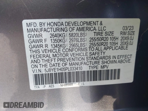 2023 Acura MDX w/A-Spec Package with VIN 5J8YE1H05PL033410, listed as a IAAI auction lot 42604907 with 35,806 mi miles and . Bid and sale history available at DreamBid. Image 9.