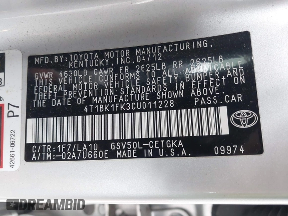 2012 Toyota Camry SE with VIN 4T1BK1FK3CU011228, listed as a IAAI auction lot 41182168 with 120,678 mi miles. Bid and sale history available at carsss.com. Image 9.