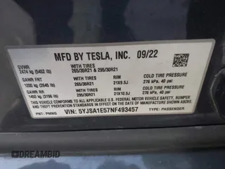 2022 Tesla Model S with VIN 5YJSA1E57NF493457, listed as a IAAI auction lot 41456284 with Not Provided miles and . Bid and sale history available at DreamBid. Image 9.