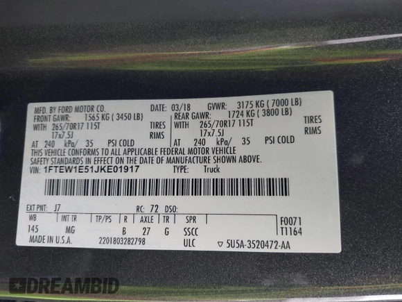 2018 Ford F-150 XL with VIN 1FTEW1E51JKE01917, listed as a IAAI auction lot 41513535 with 112,487 mi miles. Bid and sale history available at carsss.com. Image 9.