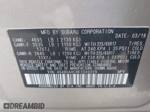 2019 Subaru Outback Premium with VIN 4S4BSAHC8K3330229, listed as a IAAI auction lot 42553018 with 90,860 mi miles and . Bid and sale history available at DreamBid. Image 9.