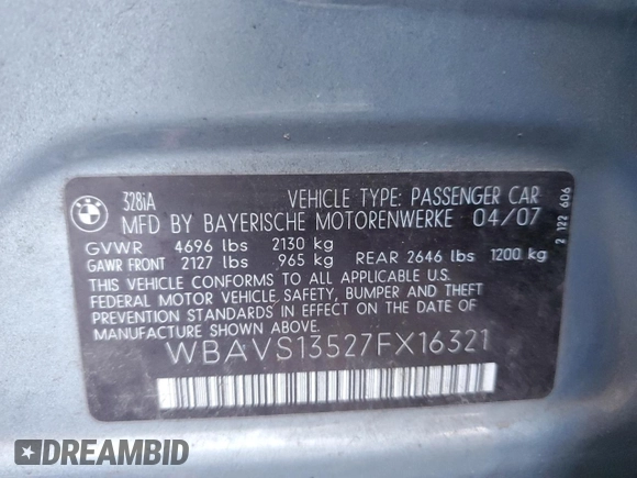 2007 BMW 3 Series 328i with VIN WBAVS13527FX16321, listed as a Copart auction lot 83984964 with 189,655 mi miles and Salvage Title. Bid and sale history available at carsss.com. Image 12.