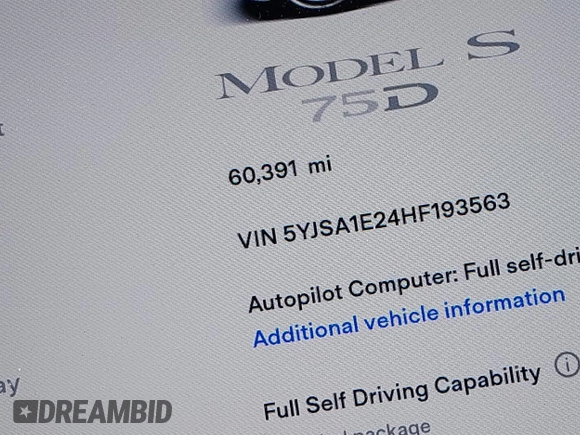 2017 Tesla Model S 100D with VIN 5YJSA1E24HF193563, listed as a IAAI auction lot 42120120 with 60,391 mi miles and . Bid and sale history available at DreamBid. Image 16.