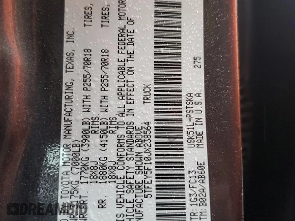 2018 Toyota Tundra 2WD SR5 with VIN 5TFEY5F10JX238564, listed as a Copart auction lot 85536024 with 121,529 mi miles and Salvage Title. Bid and sale history available at carsss.com. Image 12.