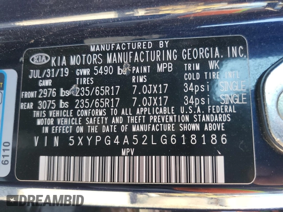 2020 Kia Sorento LX V6 with VIN 5XYPG4A52LG618186, listed as a Copart auction lot 46316725 with 52,503 mi miles and Salvage Title. Bid and sale history available at carsss.com. Image 14.