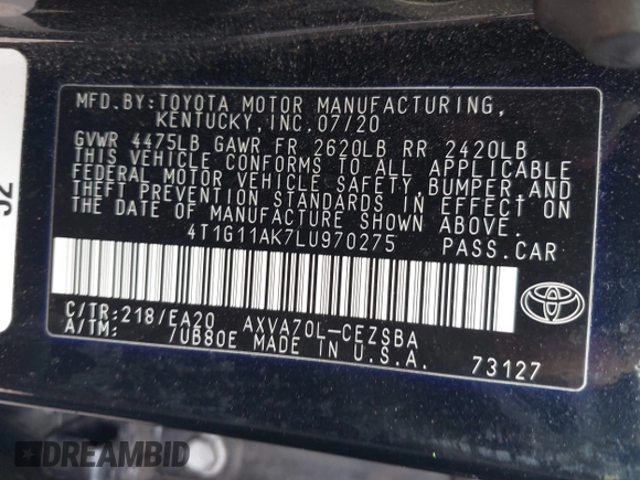 2020 Toyota Camry SE z VIN 4T1G11AK7LU970275, wystawiony jako IAAI lot #42149780 z przebiegiem 67 969 mil mil oraz . Historia ofert i sprzedaży dostępna na DreamBid. Obrazek 9.