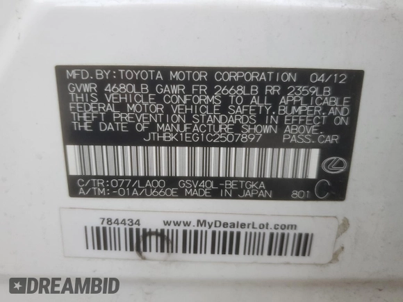 2012 Lexus ES 330 z VIN JTHBK1EG1C2507897, wystawiony jako Copart lot #55628715 z przebiegiem 96 169 mil mil oraz Nie do naprawy • Non repairable. Historia ofert i sprzedaży dostępna na DreamBid. Obrazek 12.