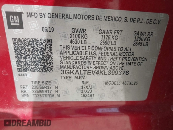 2019 GMC Terrain SLE with VIN 3GKALTEV4KL399376, listed as a IAAI auction lot 42143747 with 181,346 mi miles. Bid and sale history available at carsss.com. Image 9.