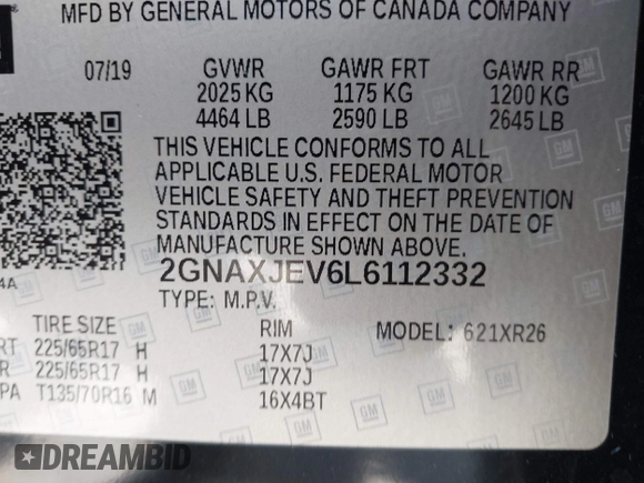 2020 Chevrolet Equinox LT z VIN 2GNAXJEV6L6112332, wystawiony jako IAAI lot #42199570 z przebiegiem 100 242 mil mil oraz . Historia ofert i sprzedaży dostępna na DreamBid. Obrazek 9.
