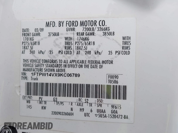 2009 Ford F-150 XL with VIN 1FTPW14VX9KC06789, listed as a IAAI auction lot 40664180 with 196,599 mi miles and . Bid and sale history available at DreamBid. Image 9.