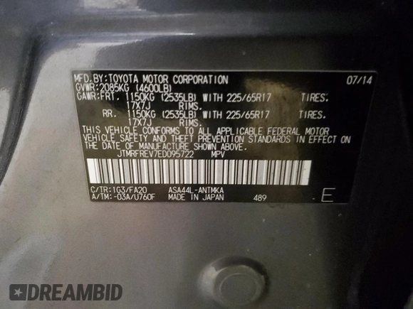 2014 Toyota RAV4 XLE with VIN JTMRFREV7ED095722, listed as a Copart auction lot 45107565 with 162,670 mi miles and Salvage Title. Bid and sale history available at DreamBid. Image 12.