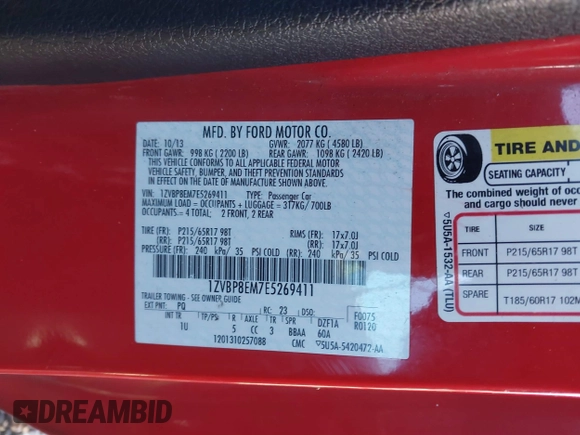 2014 Ford Mustang V6 with VIN 1ZVBP8EM7E5269411, listed as a IAAI auction lot 41067341 with 161,383 mi miles. Bid and sale history available at carsss.com. Image 9.