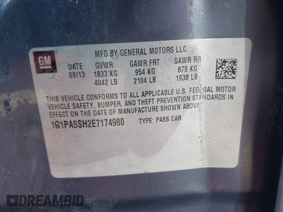 2014 Chevrolet Cruze LS with VIN 1G1PA5SH2E7174980, listed as a IAAI auction lot 41973841 with 100,061 mi miles and . Bid and sale history available at DreamBid. Image 9.
