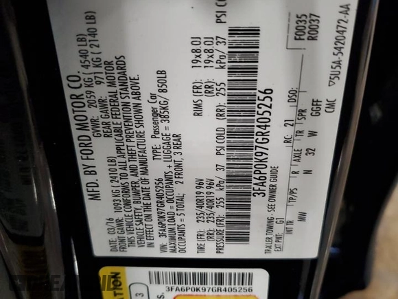 2016 Ford Fusion Titanium with VIN 3FA6P0K97GR405256, listed as a Copart auction lot 55289995 with 124,159 mi miles and Salvage Title. Bid and sale history available at DreamBid. Image 13.