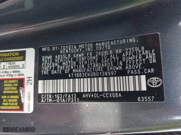 2011 Toyota Camry Hybrid with VIN 4T1BB3EK0BU138997, listed as a IAAI auction lot 41744648 with 173,675 mi miles. Bid and sale history available at carsss.com. Image 9.