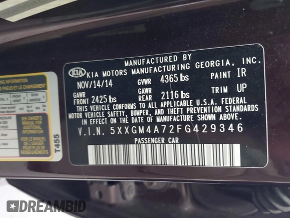 2015 Kia Optima LX with VIN 5XXGM4A72FG429346, listed as a IAAI auction lot 42638168 with 153,069 mi miles and . Bid and sale history available at DreamBid. Image 9.