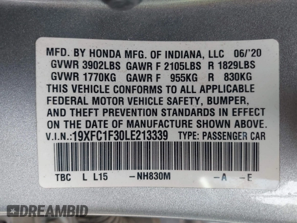 2020 Honda Civic Sedan EX with VIN 19XFC1F30LE213339, listed as a IAAI auction lot 41918192 with 89,363 mi miles. Bid and sale history available at carsss.com. Image 9.