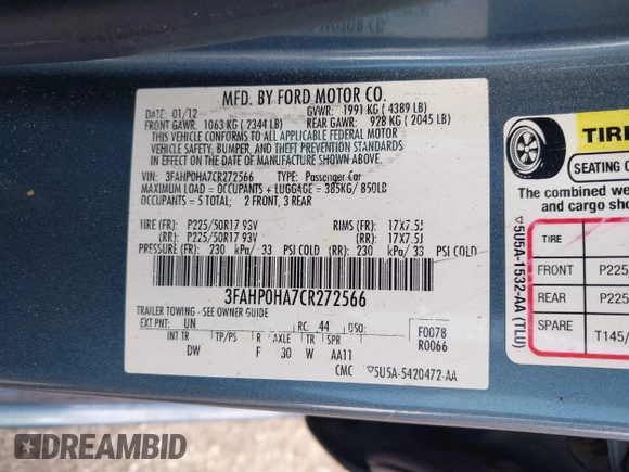 2012 Ford Fusion SE with VIN 3FAHP0HA7CR272566, listed as a IAAI auction lot 42539791 with 193,417 mi miles and . Bid and sale history available at DreamBid. Image 9.
